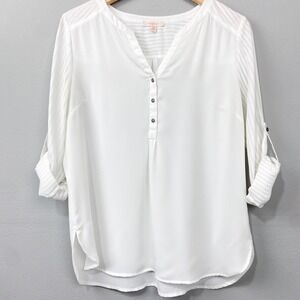 Skies are Blue Ivory Blouse Size L Striped Roll Tab Sleeve Minimalist Basics Top